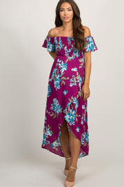 Purple Floral Off Shoulder Smocked Wrap Maternity Dress