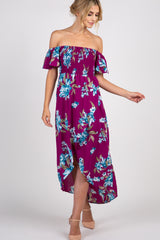 Purple Floral Off Shoulder Smocked Wrap Dress