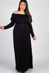 Black Solid Off Shoulder Ruffle Plus Maxi Dress