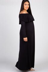 Black Solid Off Shoulder Ruffle Plus Maxi Dress