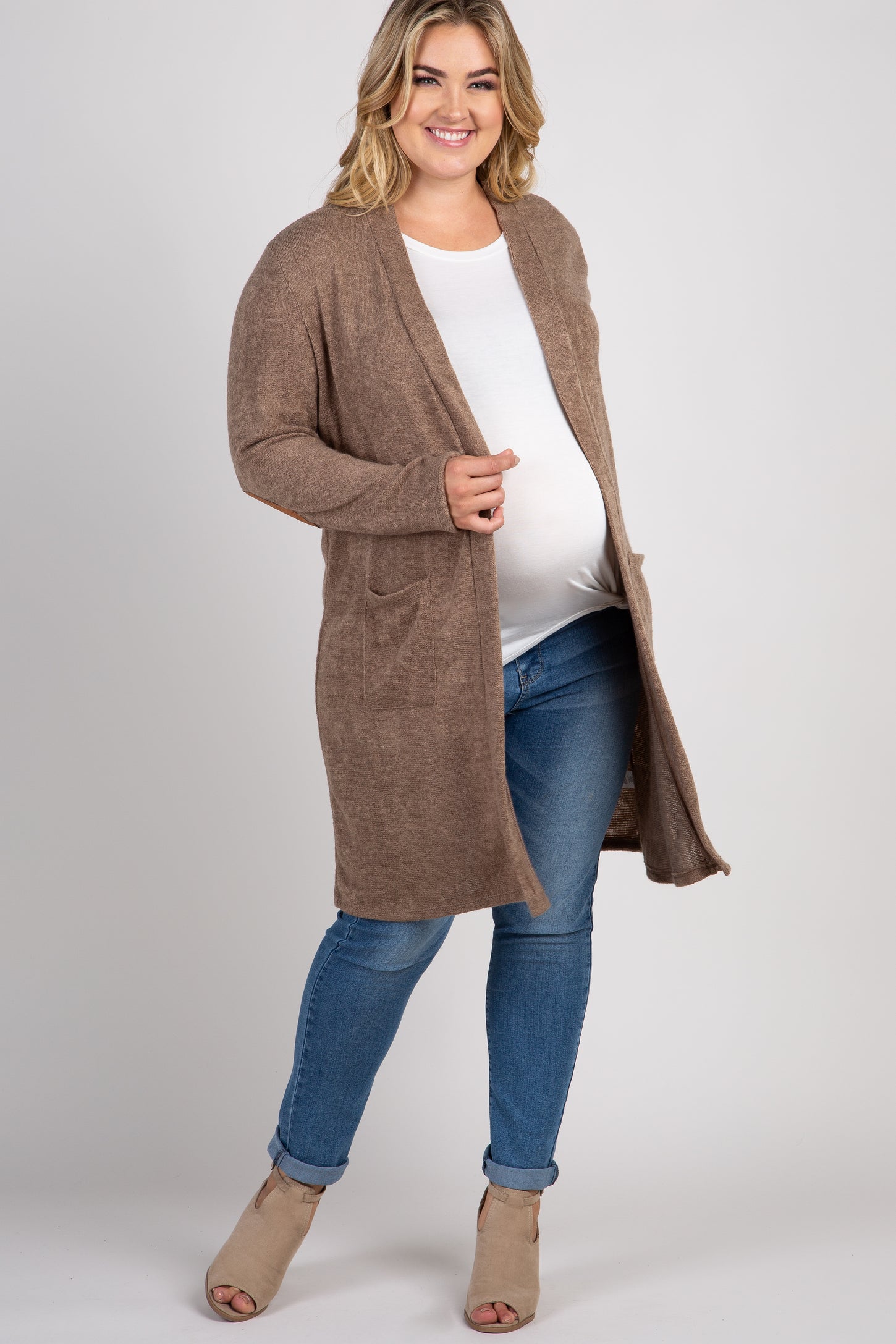 PinkBlush Taupe Knit Elbow Patch Maternity Plus Cardigan