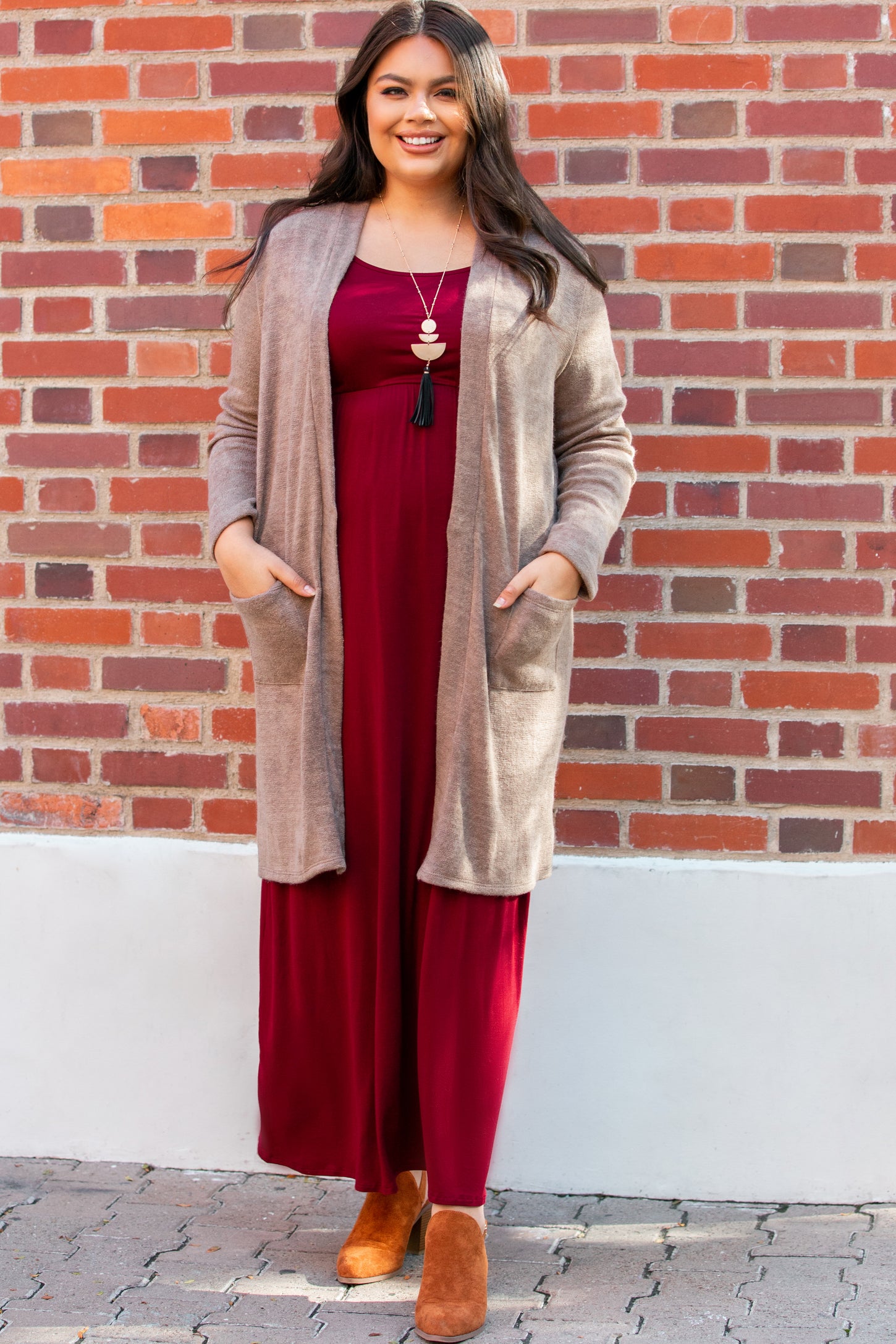 PinkBlush Taupe Solid Knit Elbow Patch Plus Cardigan