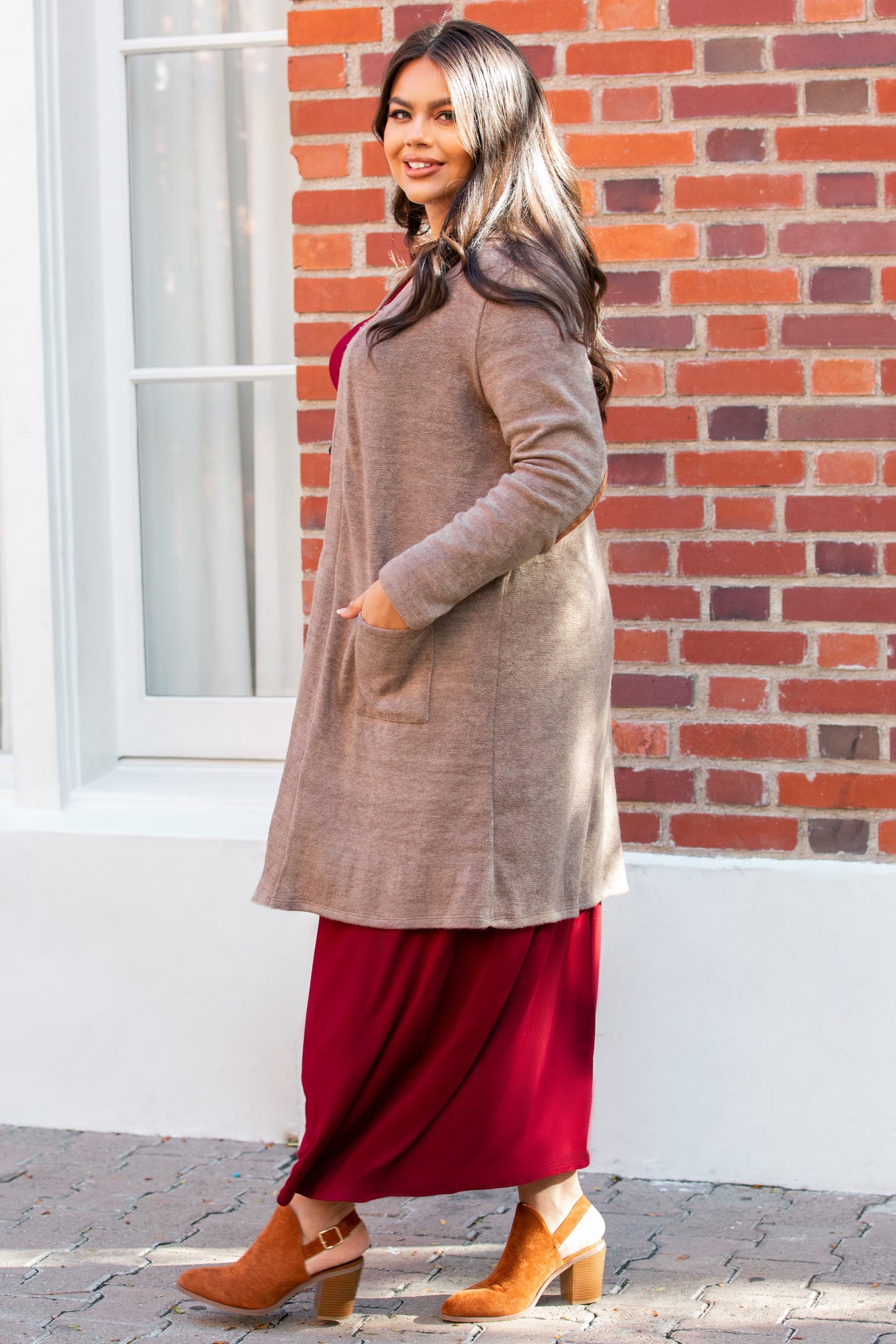 PinkBlush Taupe Solid Knit Elbow Patch Plus Cardigan