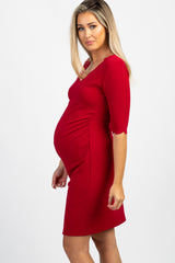 Red Solid Scalloped Trim Fitted Maternity Dress