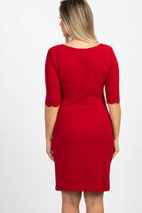Red Solid Scalloped Trim Fitted Maternity Dress