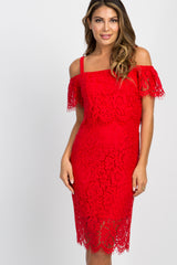 Red Lace Cold Shoulder Midi Dress