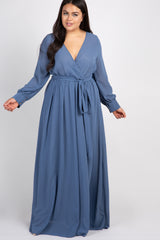 Blue Chiffon Long Sleeve Pleated Plus Maxi Dress