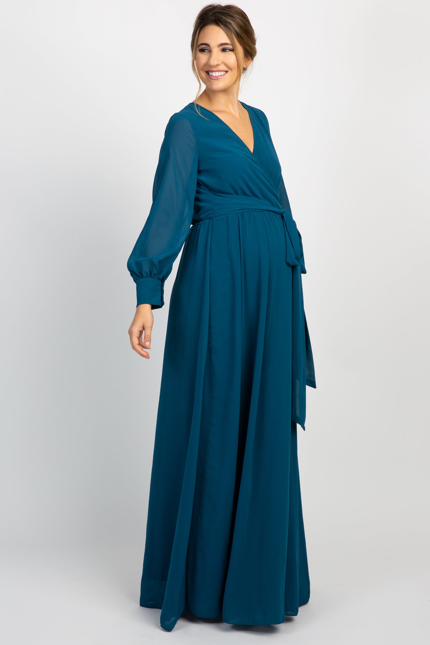 Teal Chiffon Long Sleeve Pleated Maternity Maxi Dress