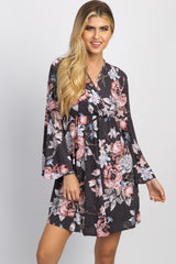 Charcoal Floral Bell Sleeve Wrap Dress