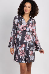 Charcoal Floral Bell Sleeve Maternity Wrap Dress