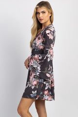 Charcoal Floral Bell Sleeve Wrap Dress