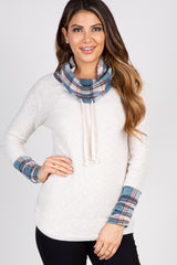 Blue Plaid Cowl Neck Maternity Top