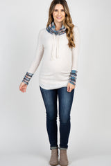 Blue Plaid Cowl Neck Maternity Top