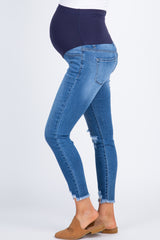 Blue Distressed Raw Hem Maternity Jeans