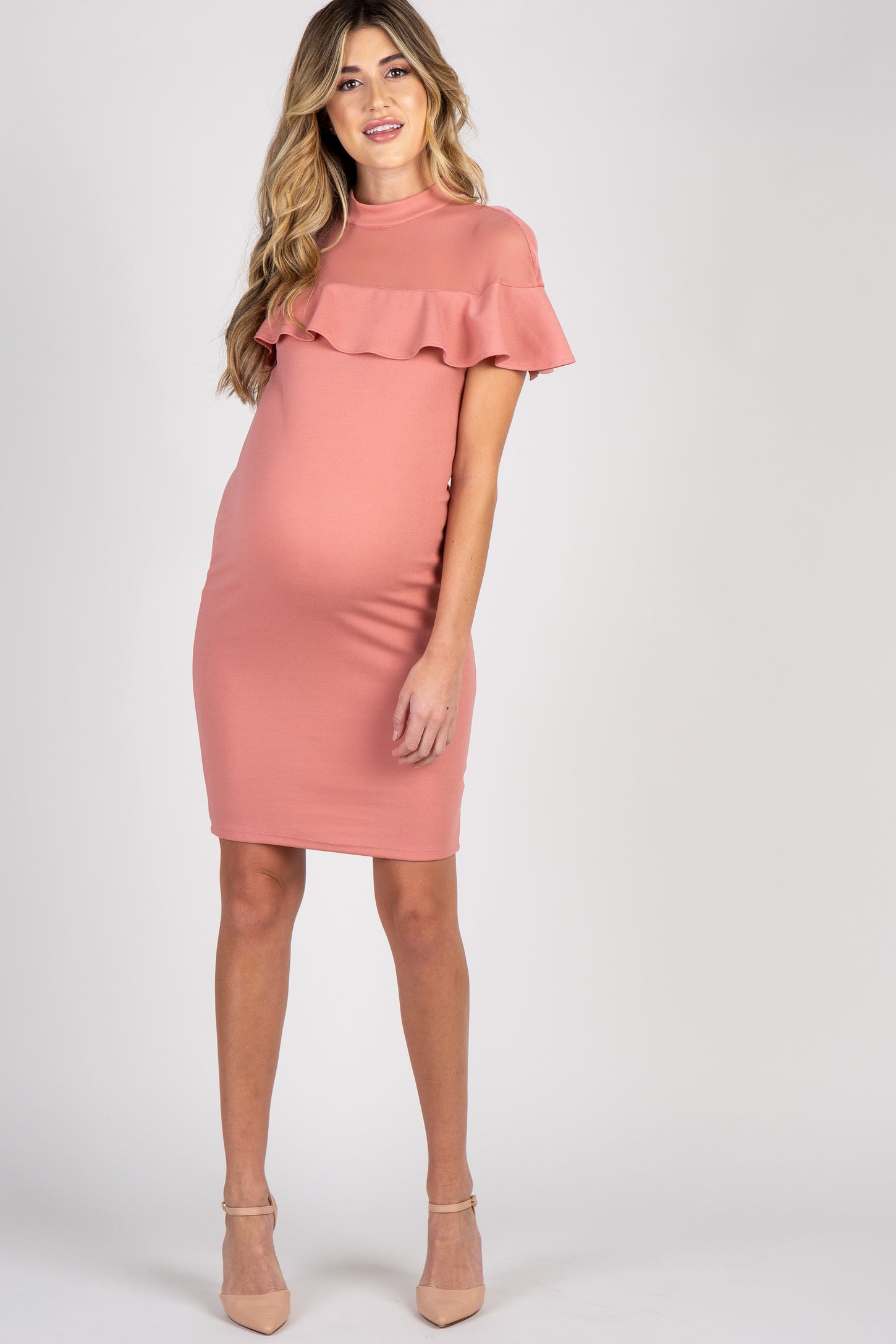 Mauve Mesh Accent Ruffle Trim Fitted Maternity Dress