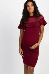 Burgundy Mesh Accent Ruffle Trim Fitted Maternity Dress