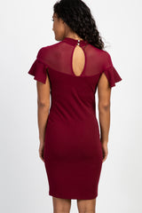 Burgundy Mesh Accent Ruffle Trim Fitted Maternity Dress