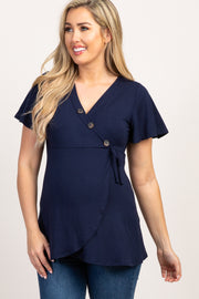 PinkBlush Navy Blue Short Sleeve Button Accent Maternity/Nursing Wrap Top