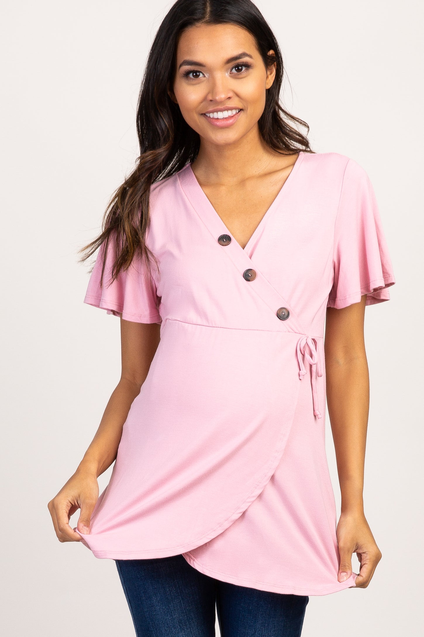 Pink Short Sleeve Button Accent Maternity/Nursing Wrap Top