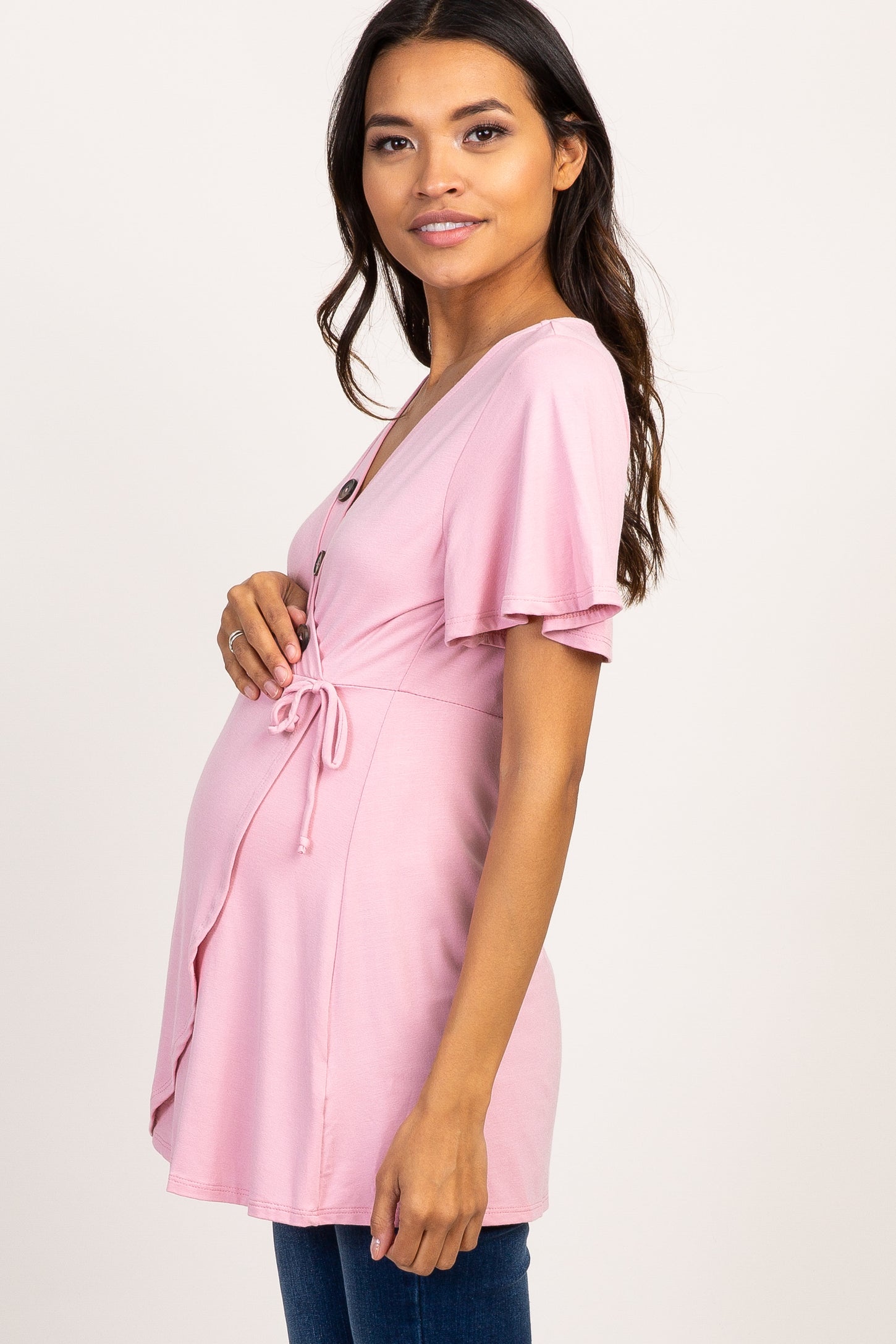 Pink Short Sleeve Button Accent Maternity/Nursing Wrap Top