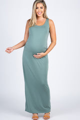 PinkBlush Light Olive Ruched Sleeveless Maternity Maxi Dress