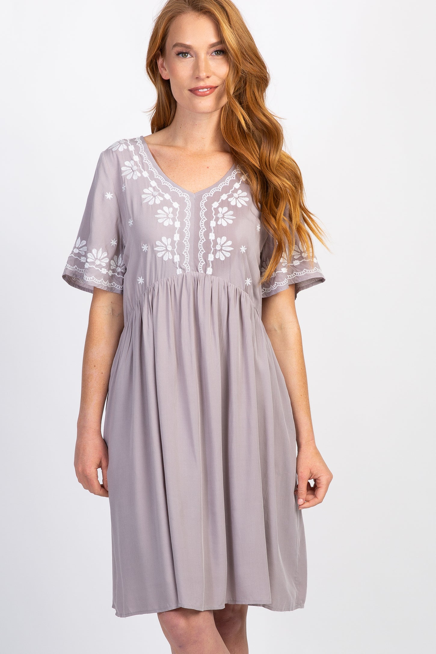 Grey Embroidered Short Sleeve Peplum Dress
