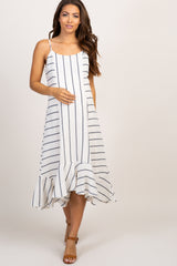 White Striped Cami Straps Ruffle Trim Maternity Dress