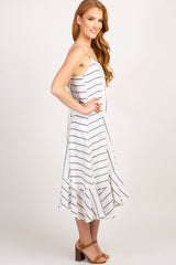 White Striped Cami Straps Ruffle Trim Dress