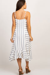White Striped Cami Straps Ruffle Trim Maternity Dress