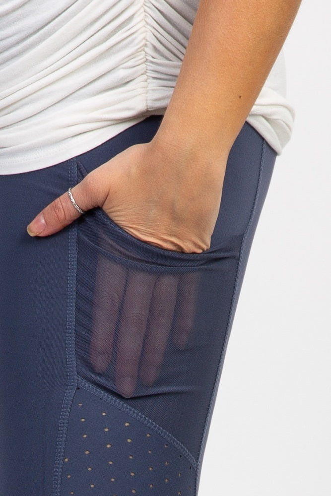 Blue Mesh Pocket Panel Active Maternity Leggings