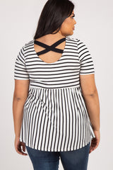 PinkBlush Black Striped Crisscross Back Peplum Plus Top