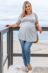 PinkBlush Grey Striped Crisscross Peplum Plus Maternity Top