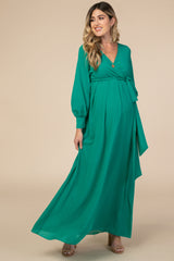 Green Chiffon Long Sleeve Pleated Maternity Maxi Dress