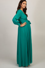 Green Chiffon Long Sleeve Pleated Maternity Maxi Dress