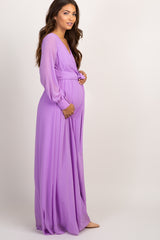 Lavender Chiffon Long Sleeve Pleated Maternity Maxi Dress