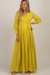 PinkBlush Yellow Chiffon Long Sleeve Pleated Maternity Maxi Dress