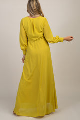 PinkBlush Yellow Chiffon Long Sleeve Pleated Maternity Maxi Dress