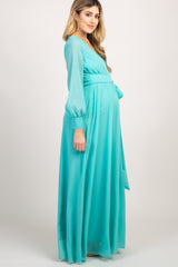 Mint Green Chiffon Long Sleeve Pleated Maternity Maxi Dress