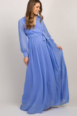 Periwinkle Chiffon Long Sleeve Pleated Maternity Maxi Dress