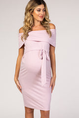 PinkBlush Light Pink Folded Off Shoulder Belted Fitted Maternity Dress