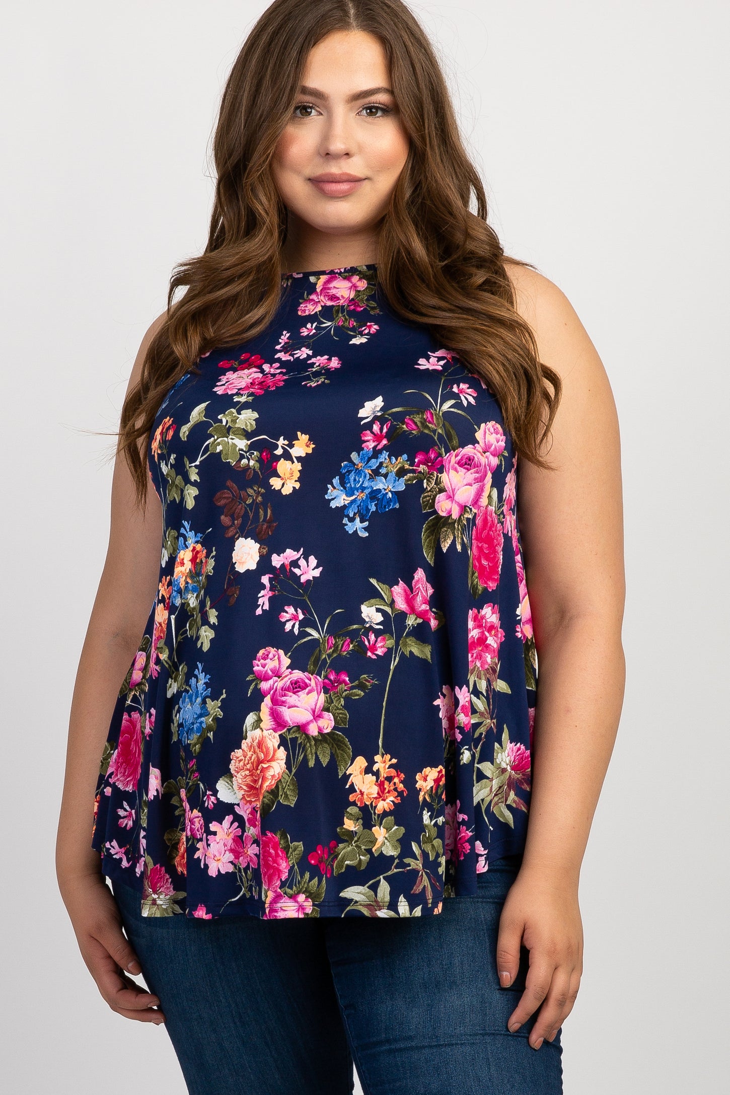 Navy Floral Sleeveless Plus Maternity Top