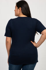 Navy Blue Solid Short Sleeve Plus Maternity Top