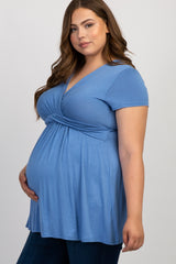 Blue Draped Front Plus Maternity/Nursing Top