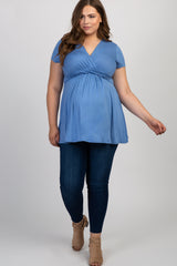 Blue Draped Front Plus Maternity/Nursing Top