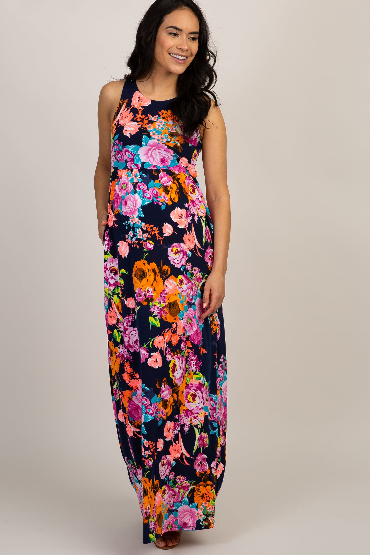 Navy Floral Sleeveless Maternity Maxi Dress