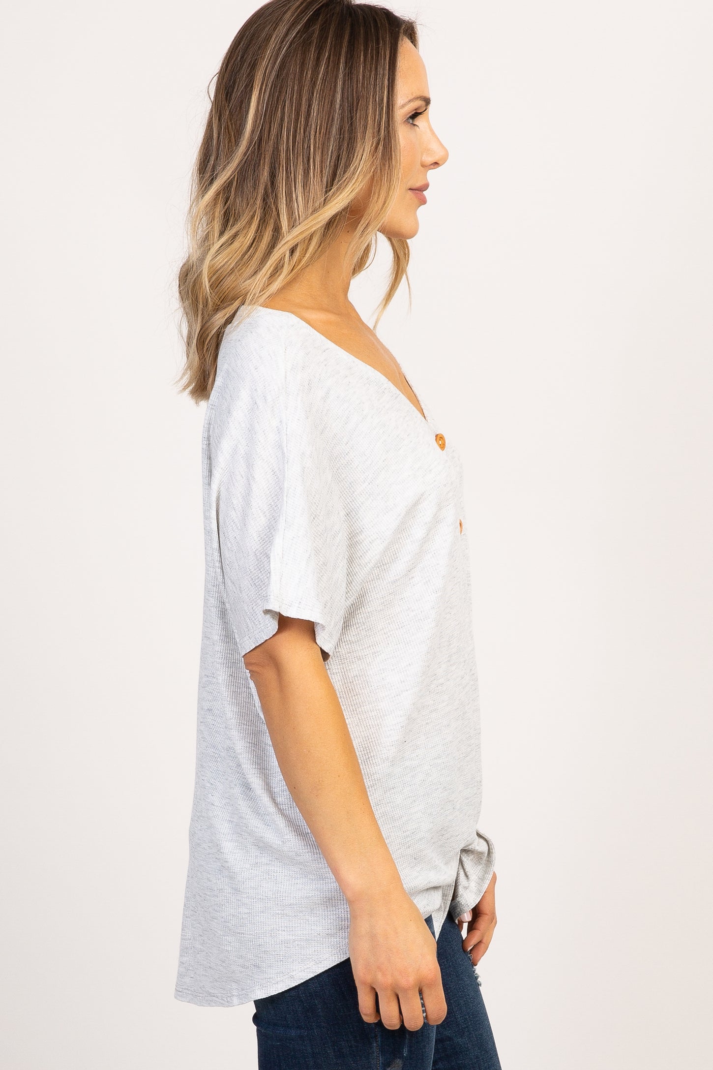 Heather Grey Button Front Knot Dolman Top