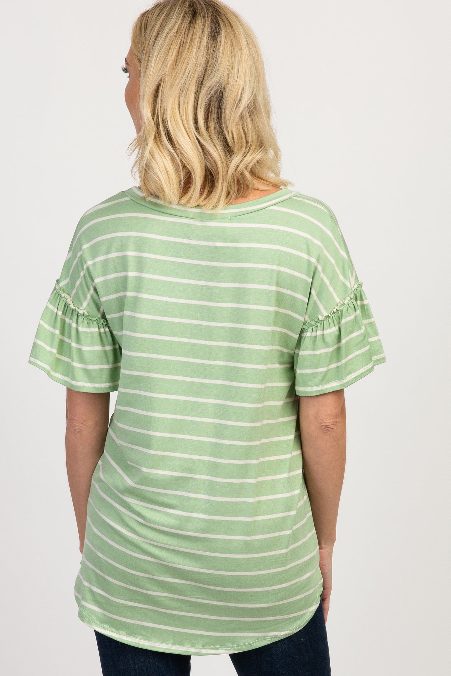Mint Green Striped Ruffle Short Sleeve Top