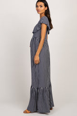 Navy Striped Ruffle Trim Maternity Maxi Dress