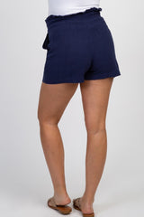 Navy Solid Tie Waist Maternity Shorts