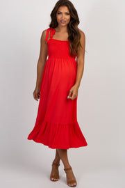 PinkBlush Red Solid Self-Tie Smocked Maternity Midi Dress